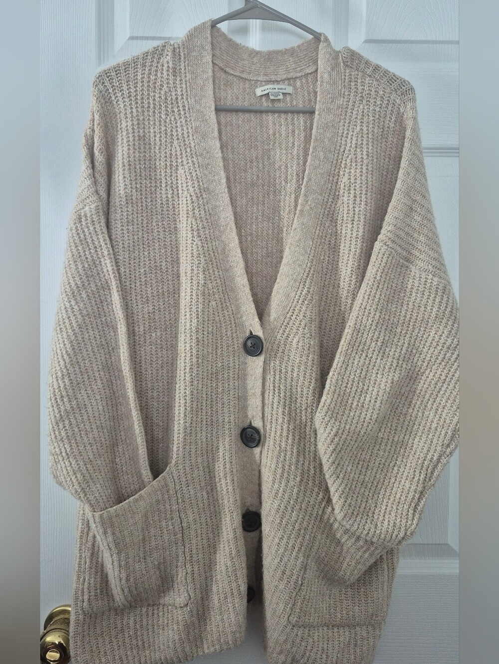 American Eagle Outfitters Beige/Cream Chunky Knit Button-Front Cardigan XL